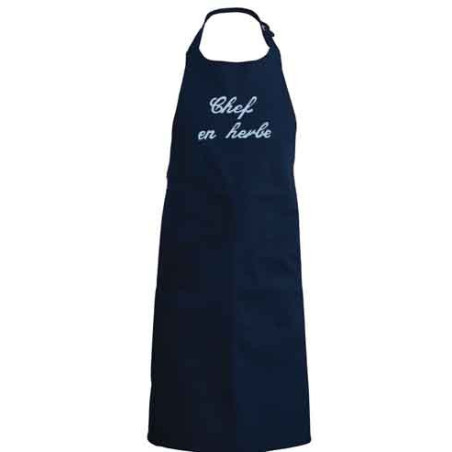 tablier enfant "Chez en Herbe" Bleu marine, brodé turquoise 