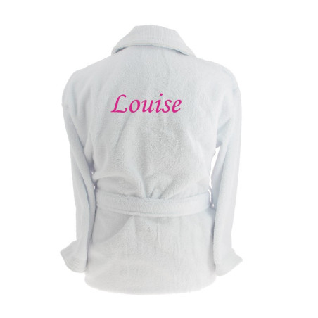 Peignoir col châle Blanc, broderie fuchsia, dos