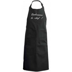 tablier de cuisine Embrassez le chef noir brodé blanc