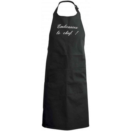 tablier de cuisine Embrassez le chef noir brodé blanc