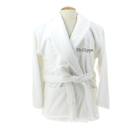 Peignoir col châle Blanc, broderie taupe