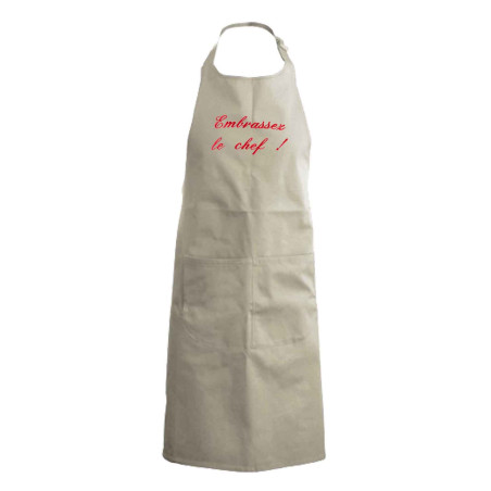 tablier de cuisine Embrassez le chef beige brodé rouge