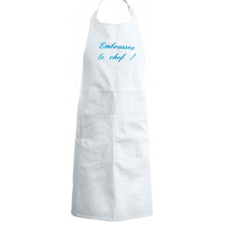tablier de cuisine Embrassez le chef blanc brodé turquoise