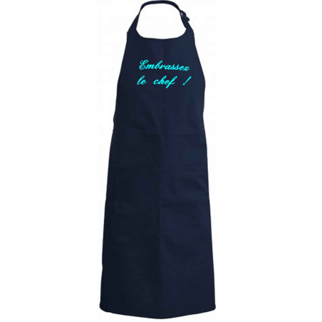 tablier de cuisine Embrassez le chef bleu marine brodé turquoise