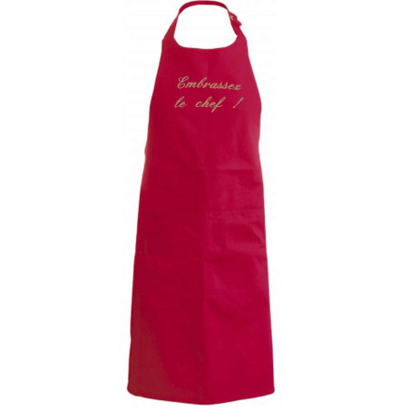 Tablier de cuisine Embrassez le chef rouge brodé taupe Tablier de cuisine Embrassez le chef rouge brodé taupe